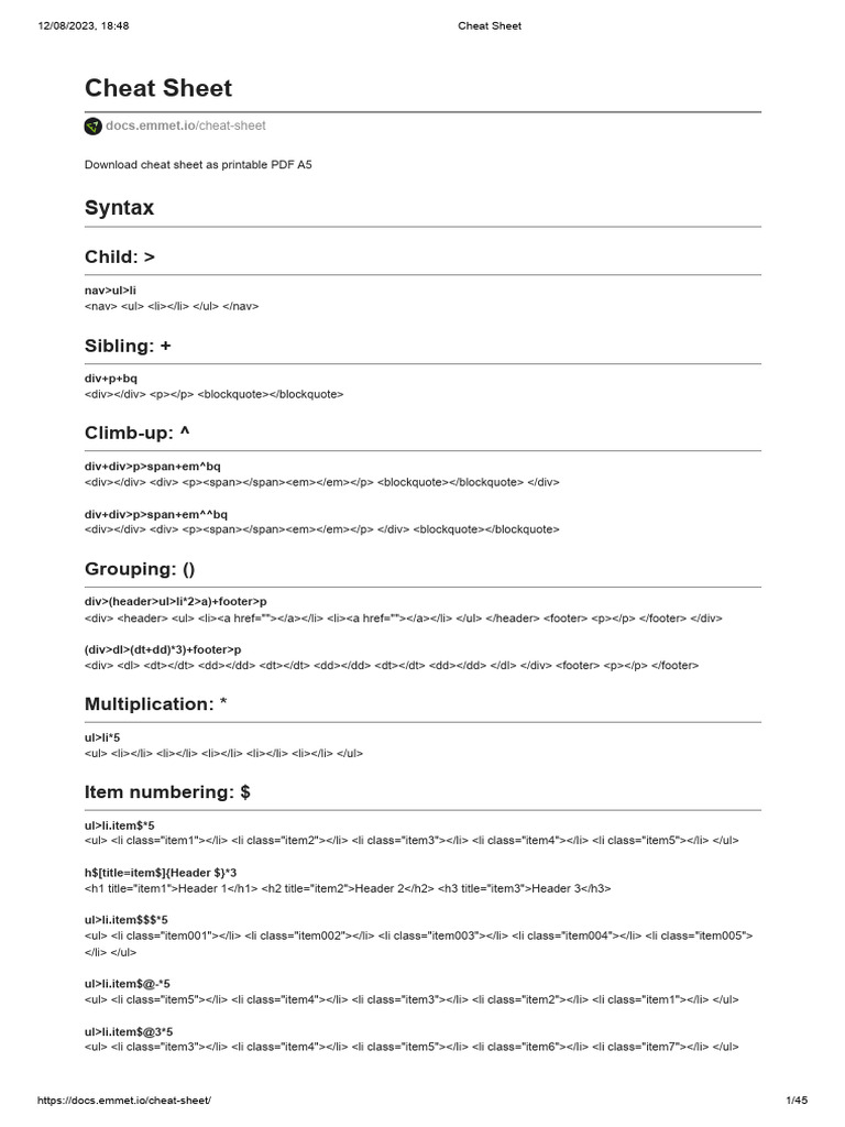 Emmet Html Cheat Sheet