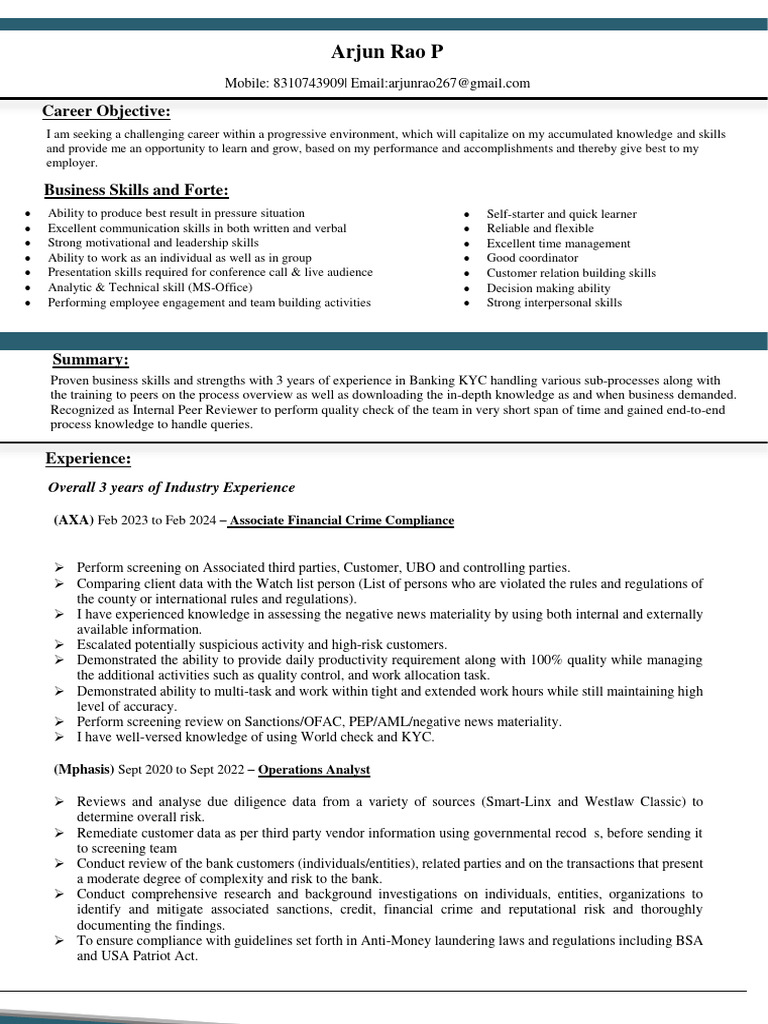 Arjun Rao Resume 2024 PDF Money - 1726156067