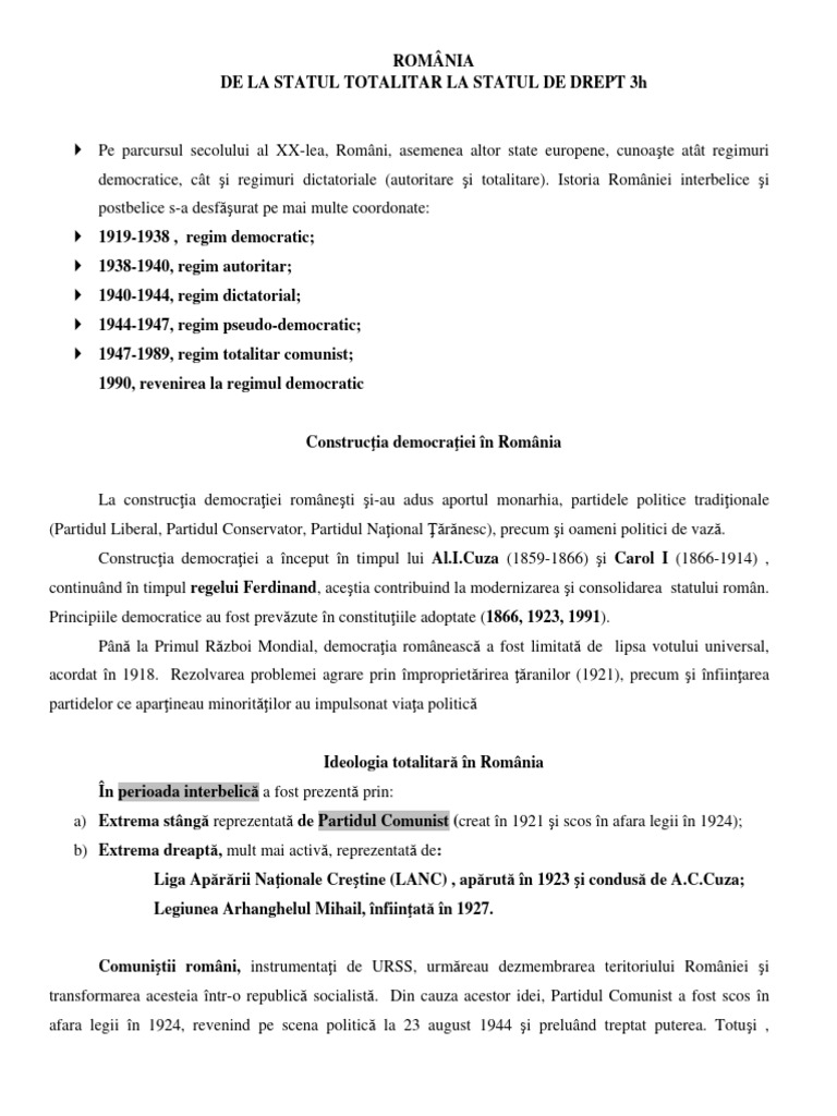 ROMÂNIA Stat Totalitar La Stat de Drept | PDF
