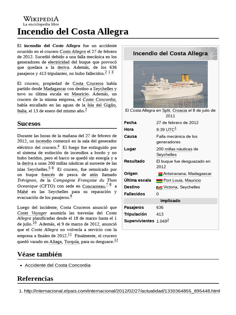 Incendio Del Costa Allegra PDF Embarcación Alojamientos Turisticos