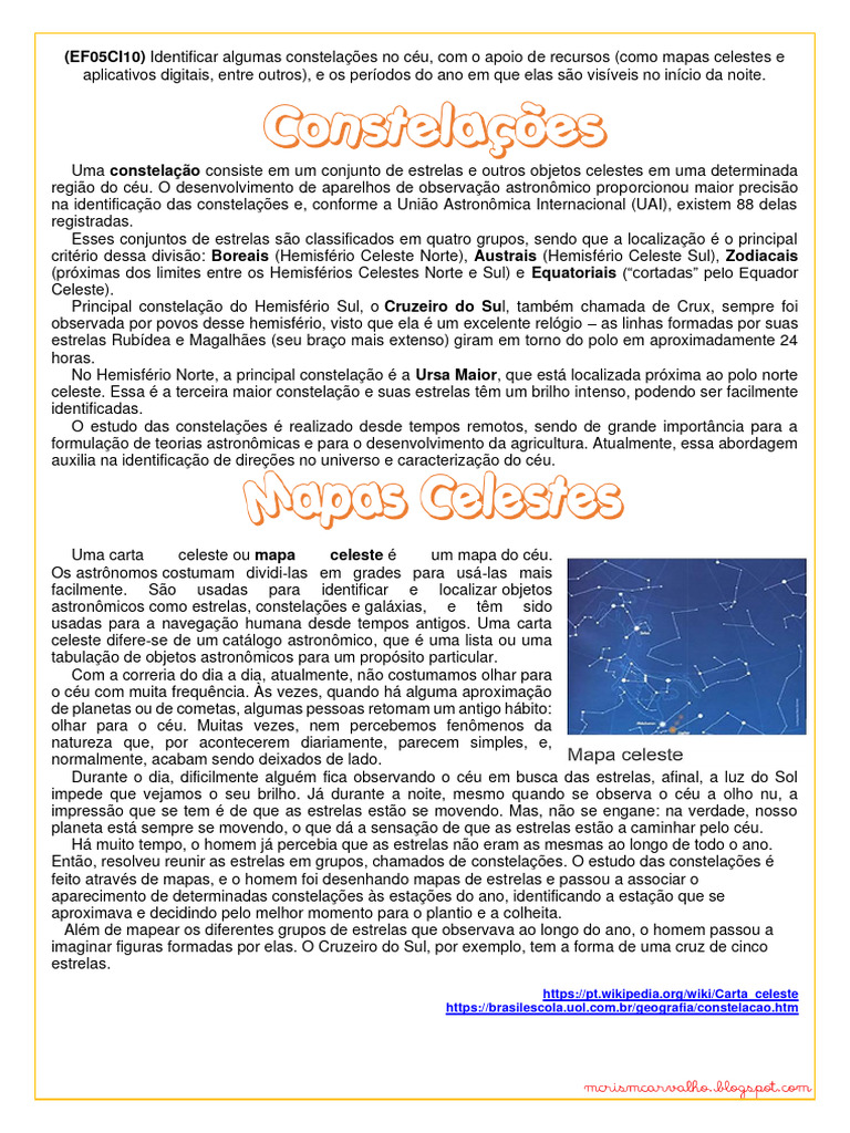 Constelações e Mapas Celestes para 5º Ano | PDF | Constelação | Estrelas