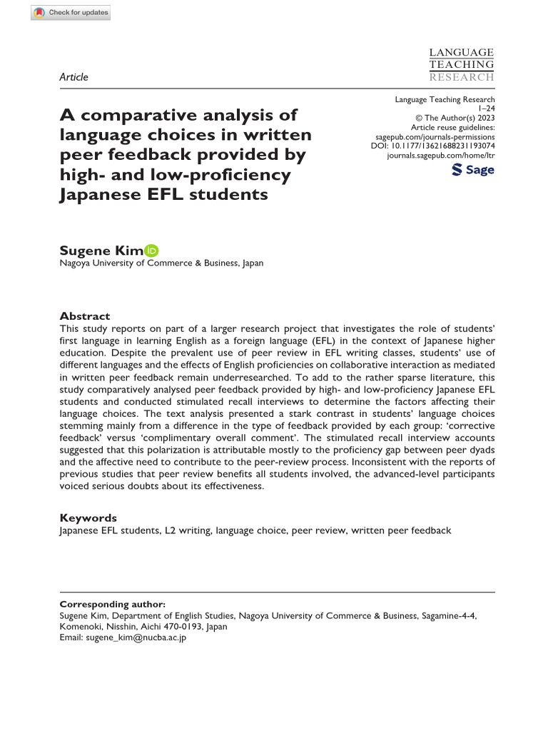 Language Choices in EFL Peer Feedback | PDF | English As A Second Or ...