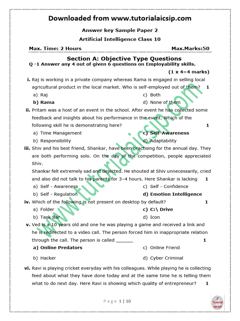 Class 10 AI Sample Paper Answer Key | PDF | Artificial Intelligence ...