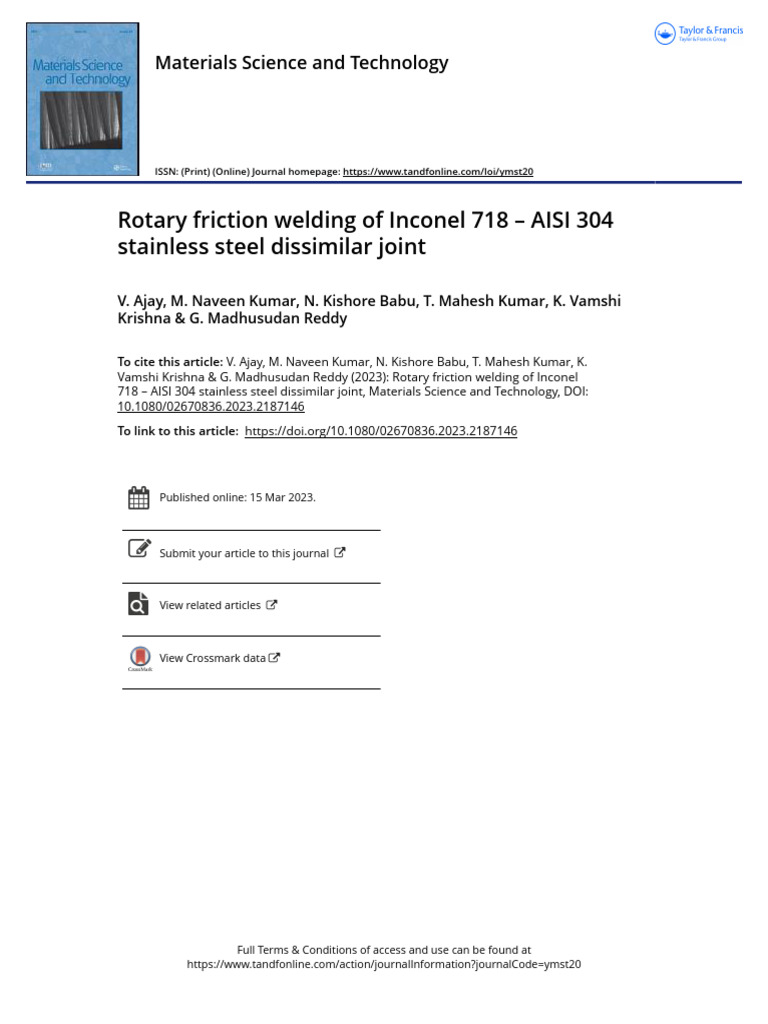 Rotary Friction Welding of Inconel 718 and AISI 304 | PDF | Secondary ...