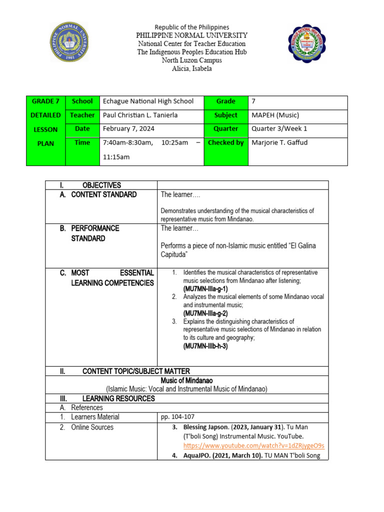 Grade 7 MAPEH Lesson Plan: Mindanao Music | PDF | Human Communication ...