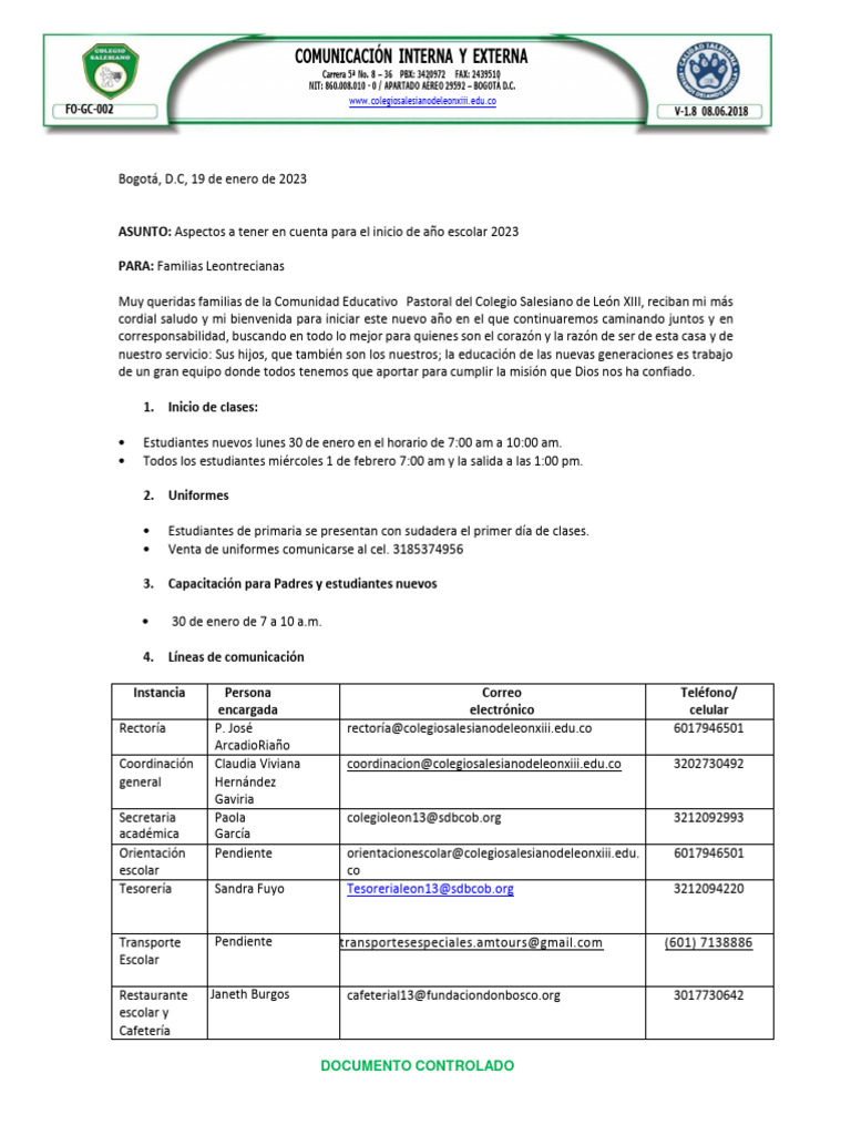 Circular Inicio de Clases 2023 | PDF