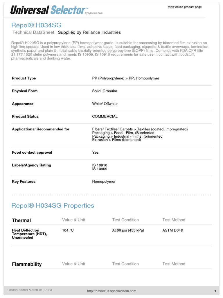 Repol® H034SG - Reliance Industries | PDF