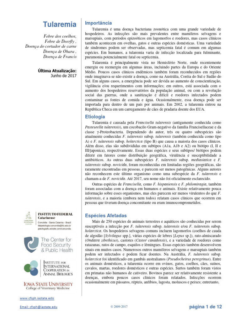 Tularemia: Causas, Hospedeiros e Transmissão | PDF | Gatos | Febre