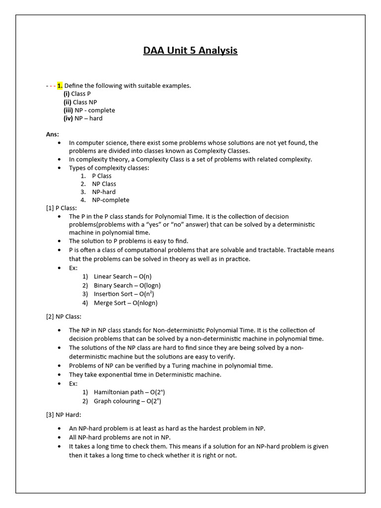 DAA Unit 5 Analysis | PDF | Computational Complexity Theory | Time ...