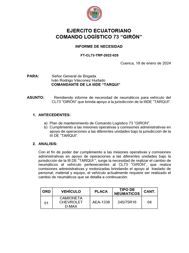 Informe de Necesidad de Neumáticos CL73 | PDF | Militar | Conflictos
