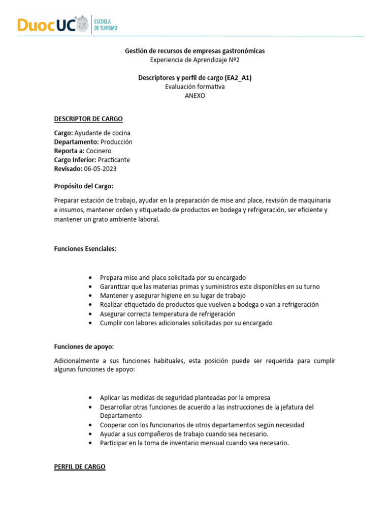 Perfil de Ayudante de Cocina | PDF | Business