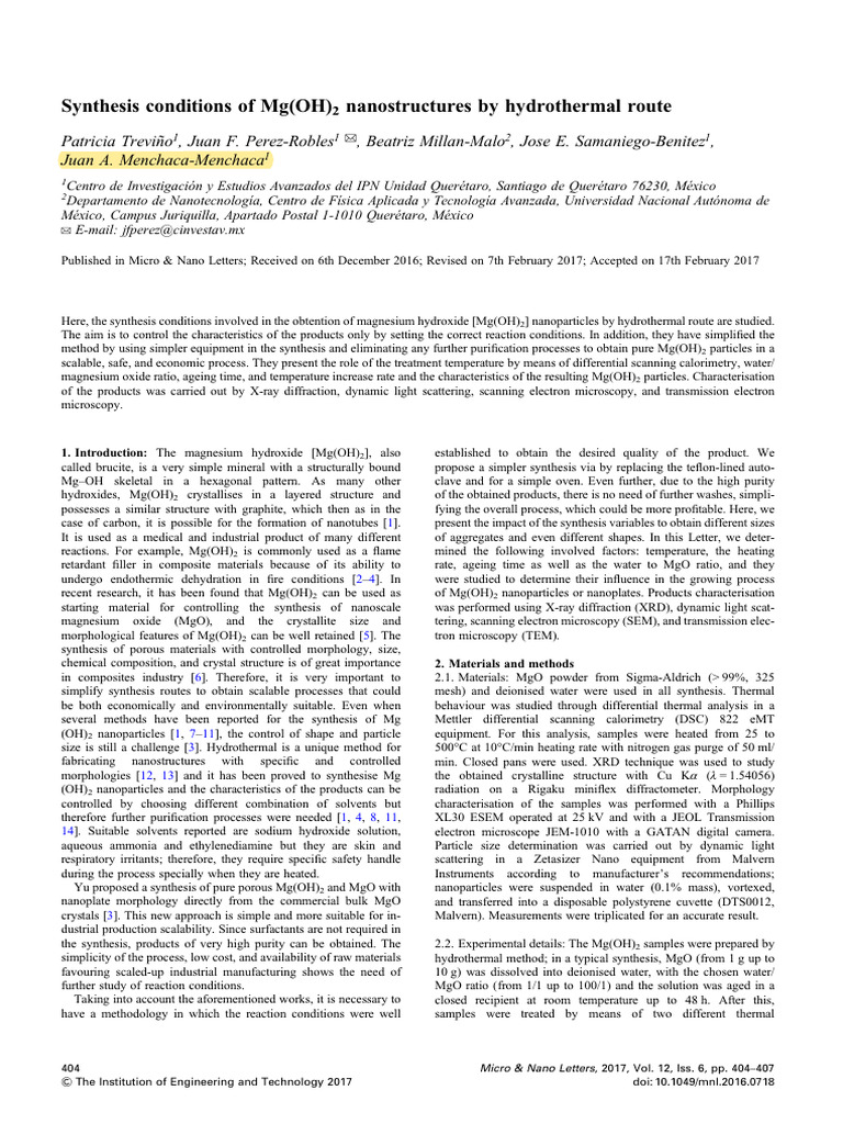 Hydrothermal Synthesis of Mg(OH)2 Nanoparticles | PDF | Magnesium | X ...