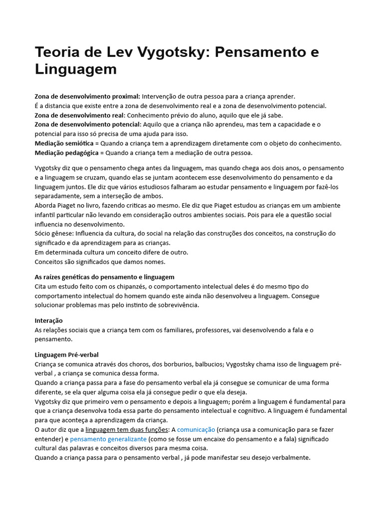 Teoria de Lev Vygotsky | PDF | Aprendizado | Pensamento