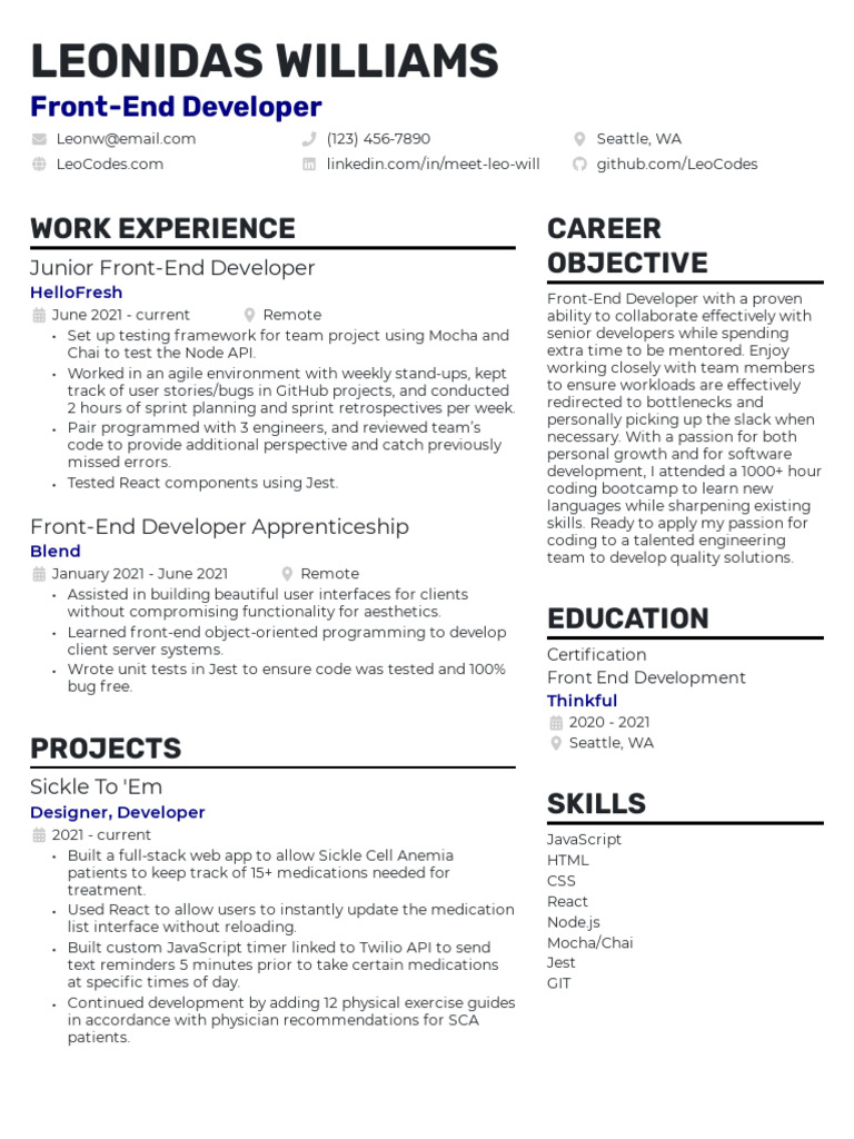 Entry Level Front End Developer Resume Example | PDF
