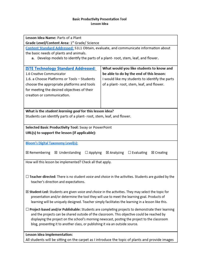 1st Grade Plant Parts Lesson Plan | PDF | Learning | Project Based Learning