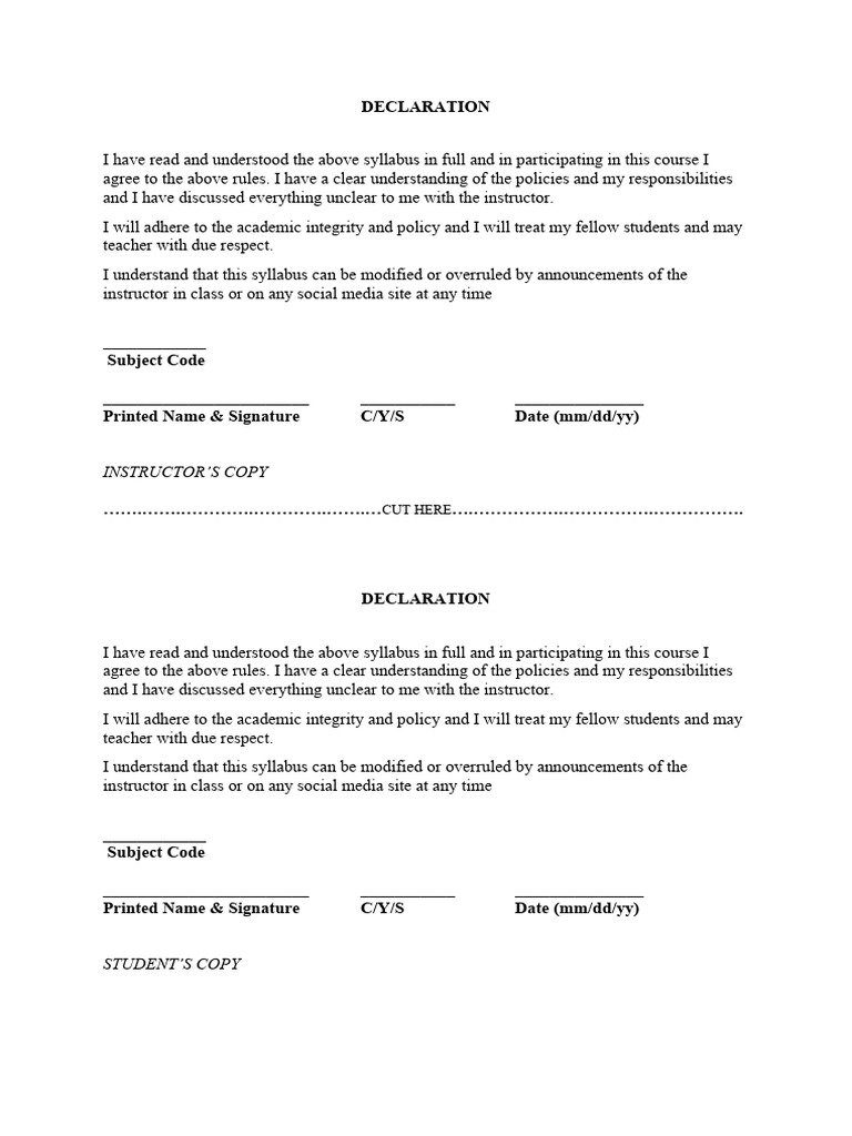 Syllabus Agreement Declaration Form | PDF