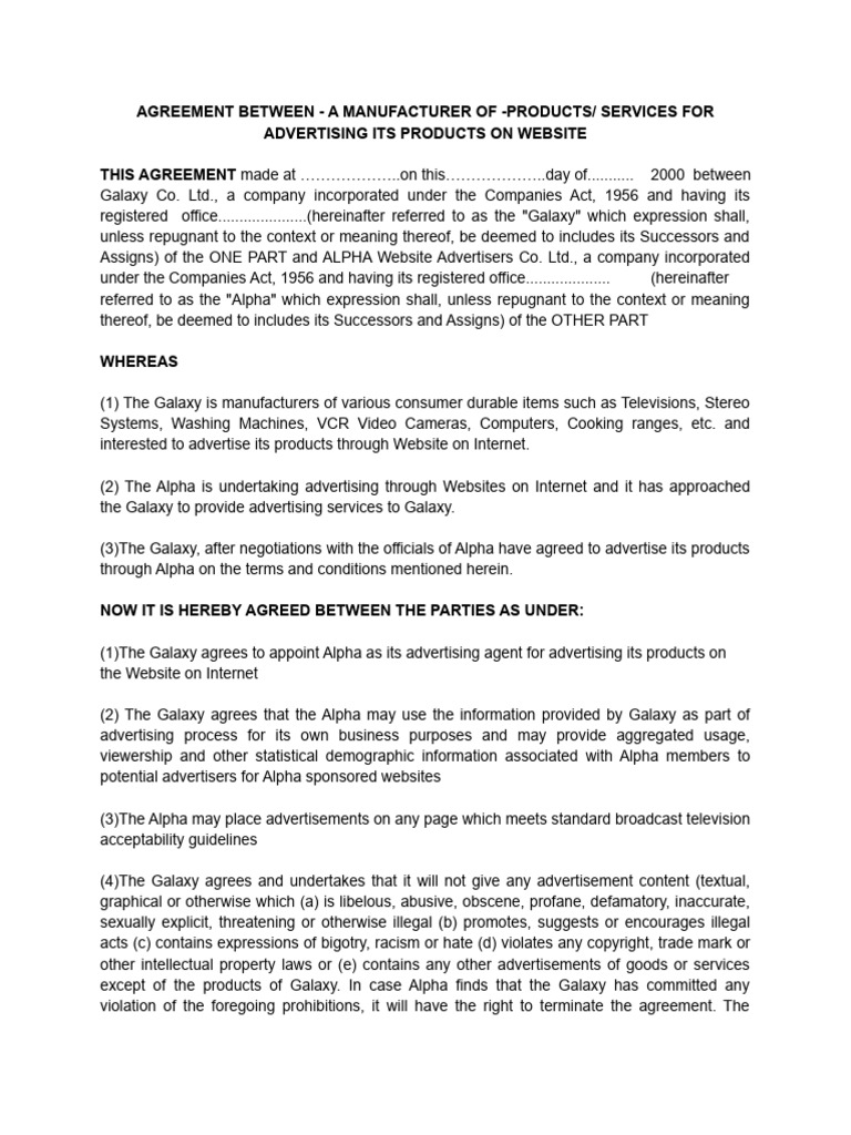 Agreement between a manufacturer of products services for