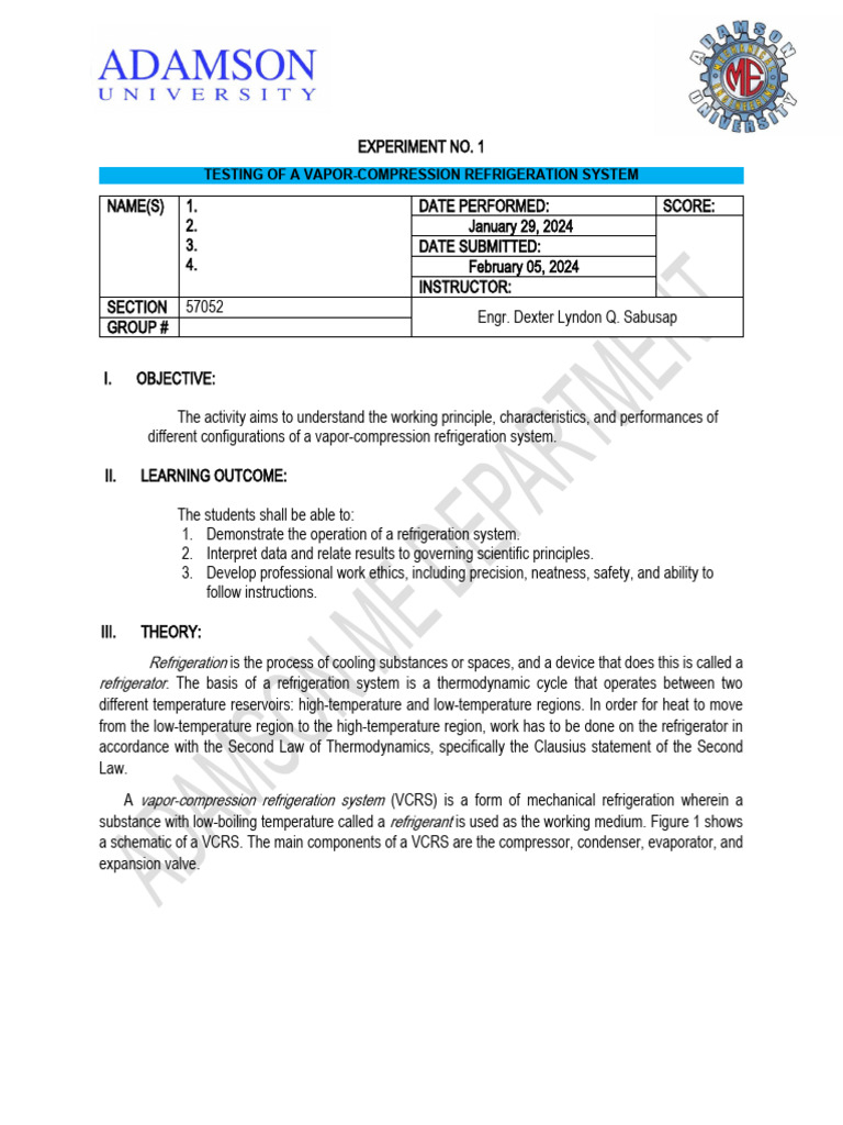 Experiment 1 Testing Of A Vapor Compression Refrigeration System