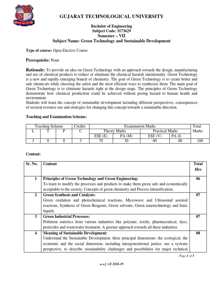 Green Technology Syllabus for 7th Semester | PDF | Technology & Engineering