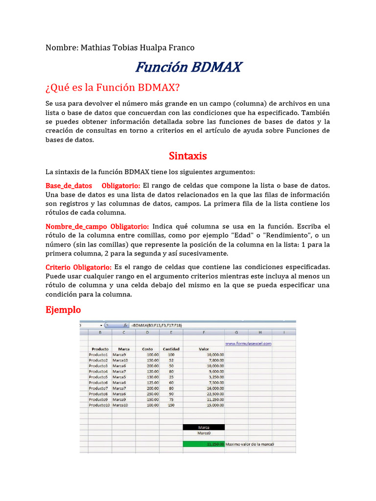 Función BDMAX en Bases de Datos Excel | PDF | Informática