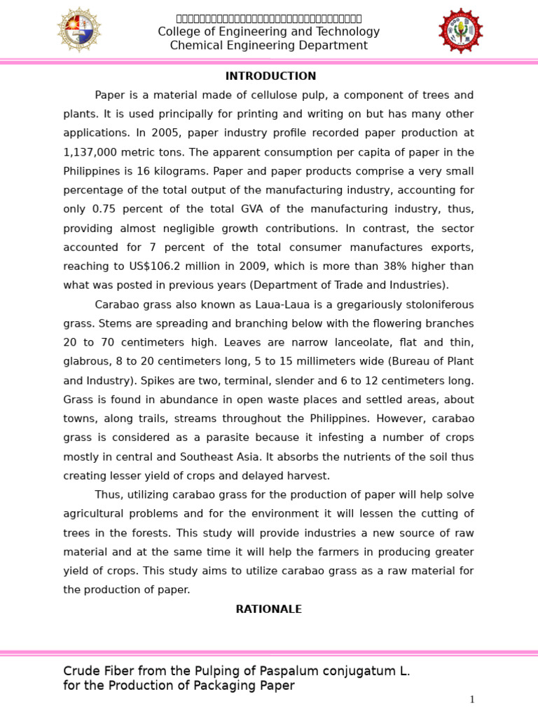 Production of Paper From Carabao Grass | PDF | Pulp (Paper) | Sodium ...