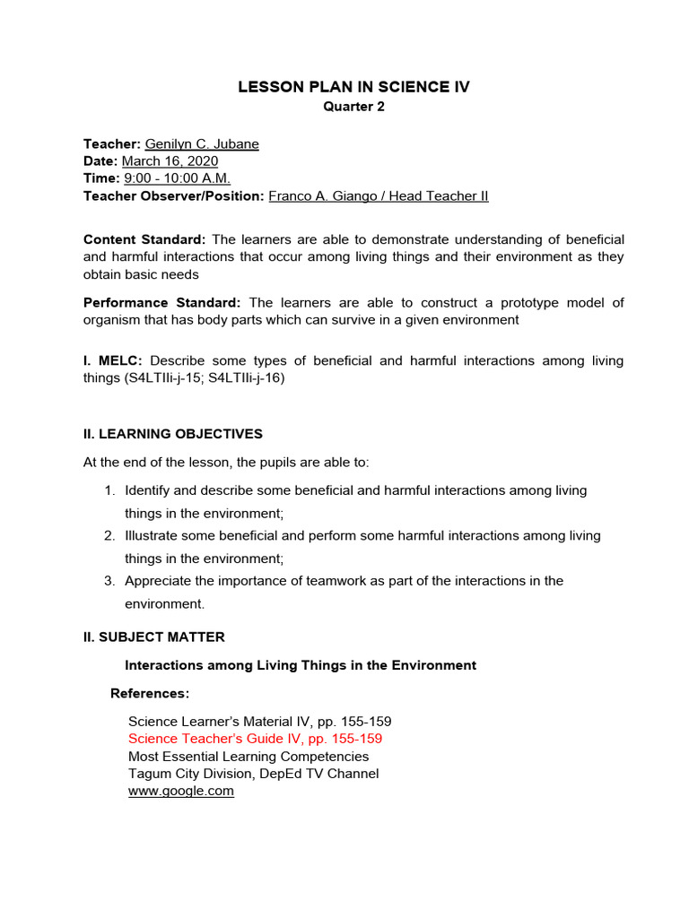 Science IV Lesson Plan: Ecosystem Interactions | PDF | Learning | Predation