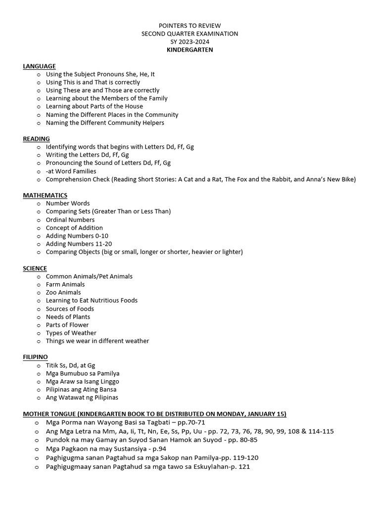 Kindergarten Review Pointers 2023-2024 | PDF | Language Arts ...