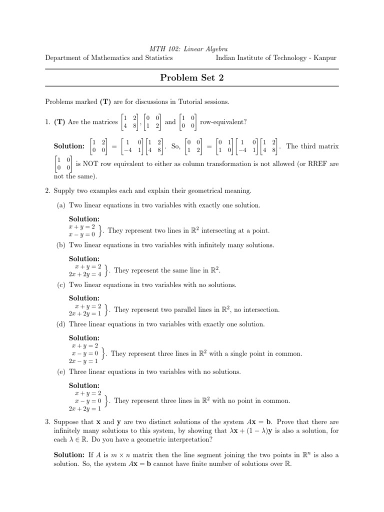 MTH 102 Linear Algebra Problem Set 2 | PDF | System Of Linear Equations ...