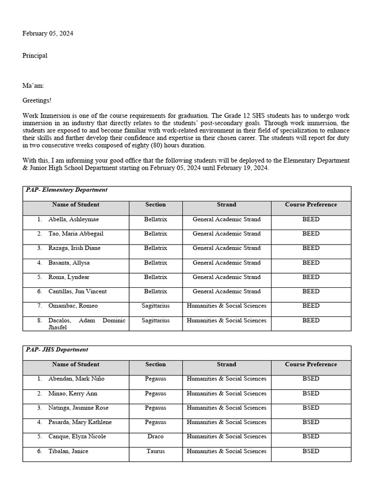 Grade 12 Work Immersion Deployment Notice | PDF | Science