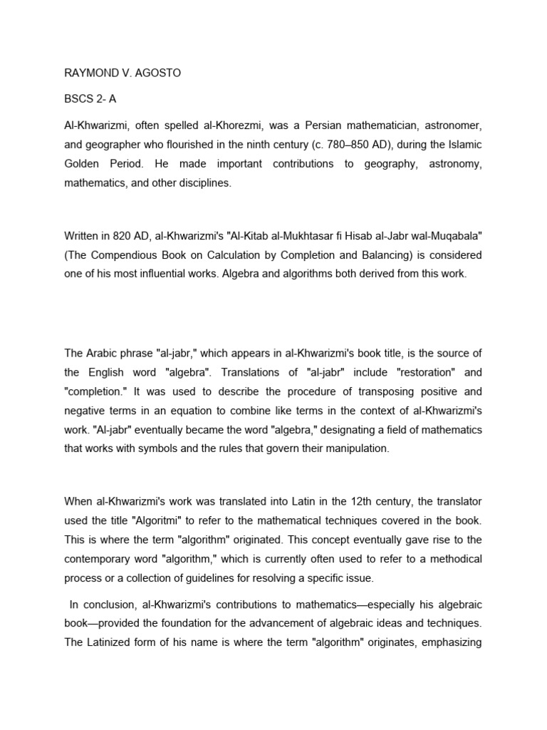 Al-Khwarizmi: Father of Algebra & Algorithms | PDF