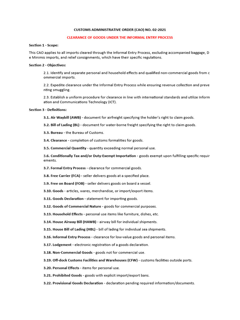 CAO 02-2021: Informal Entry Process | PDF | Trade