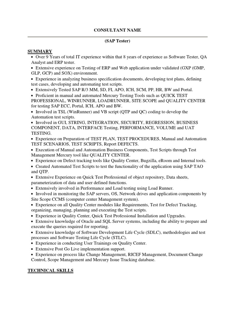 SAP TesterSample Resume PDF Oracle Database Scripting Language