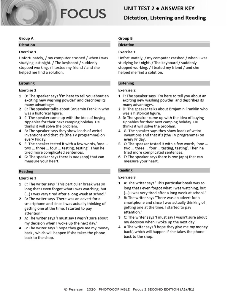 Focus 2 Unit Test 2 Answer Key | PDF