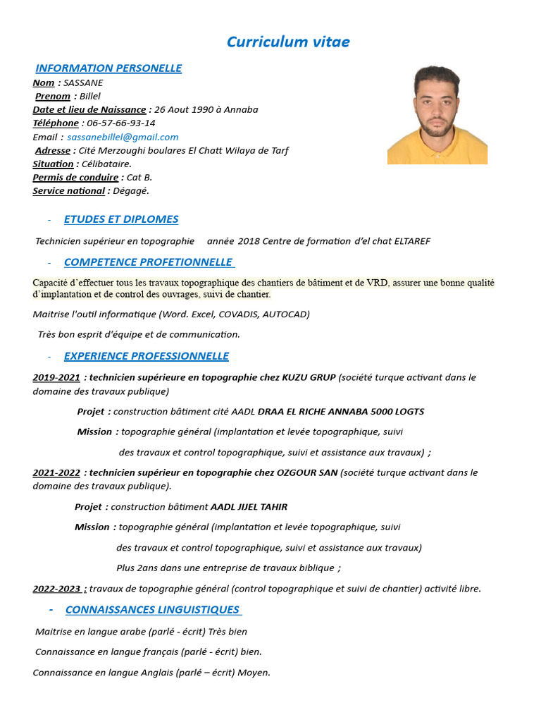 CV de Technicien Supérieur en Topographie | PDF