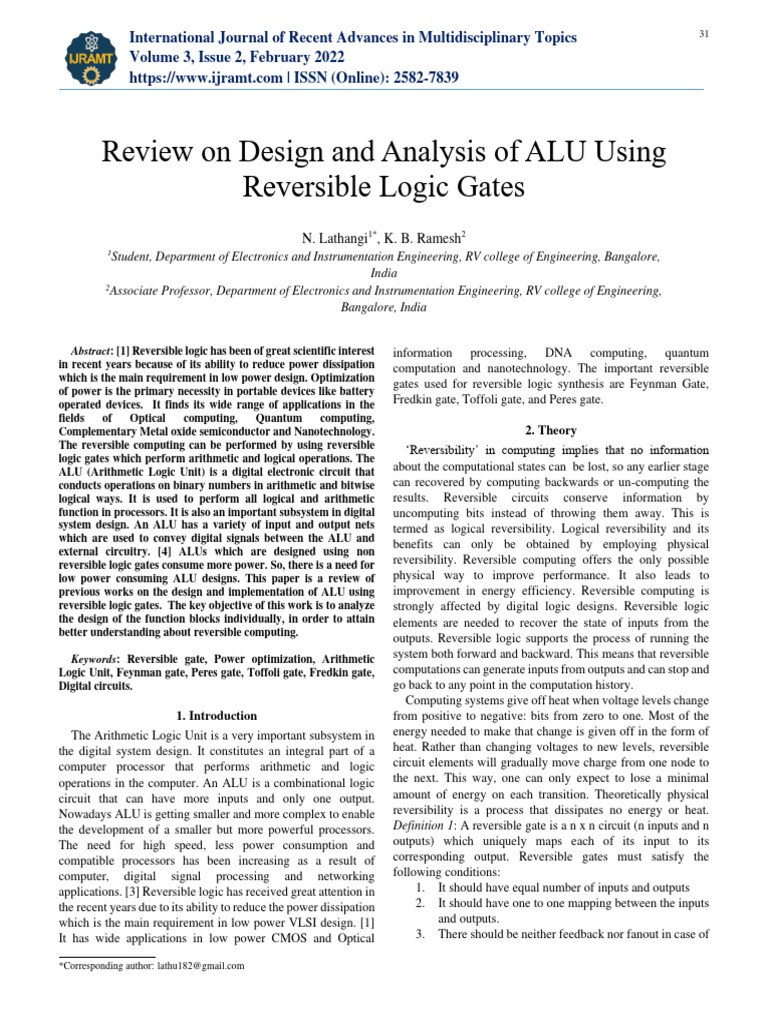 ALU Design Using Reversible Logic Gates | PDF | Logic Gate | Electronic ...