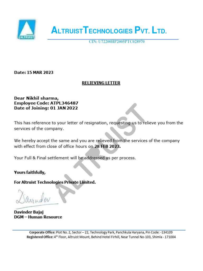 Nikhil-Reliving Letter - 1 | PDF | Business | Technology & Engineering