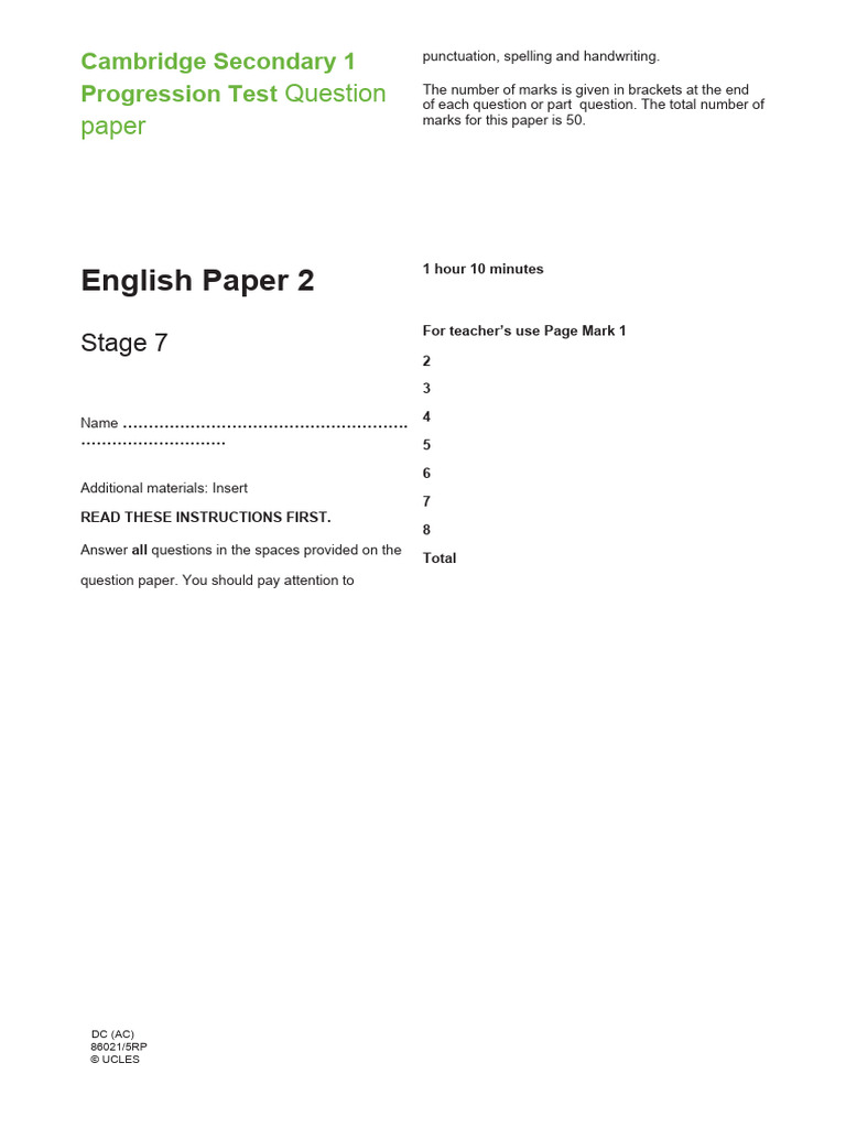 Cambridge Secondary 1 English Test Paper | PDF | Writing | Human ...