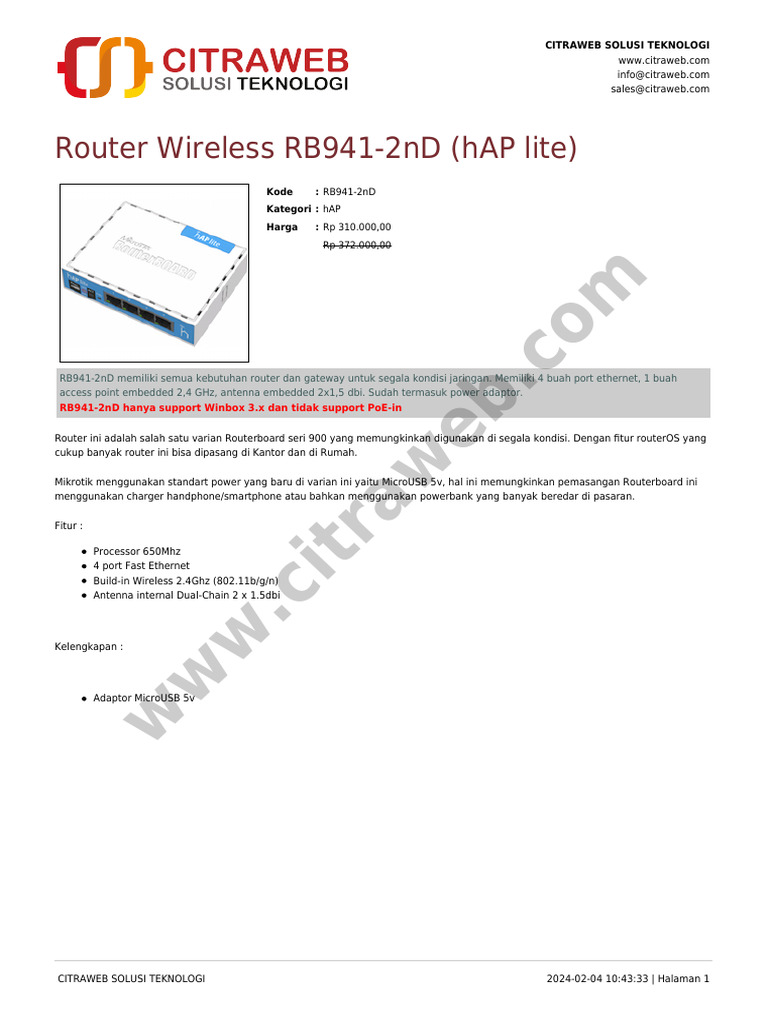 Router Wireless RB941-2nD Mikrotik Terjangkau | PDF