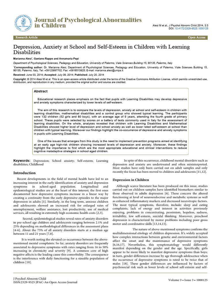 Depression Anxiety at School and Selfesteem in Children With Learning ...
