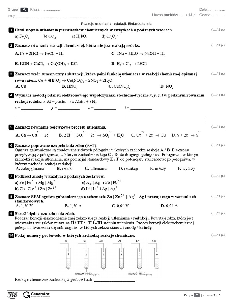 Bilansowanie Reakcji Chemicznych Klasa 7 Reakcje Redox - Sprawdzian | PDF