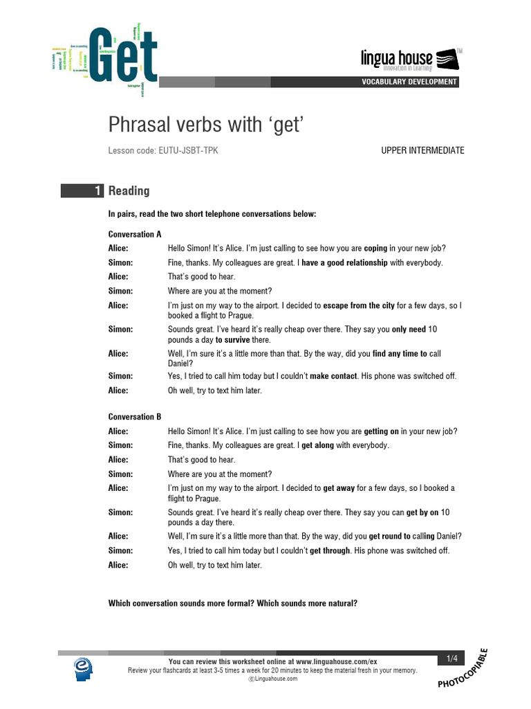 Phrasal Verbs with 'Get' Worksheet | PDF | Language Arts & Discipline