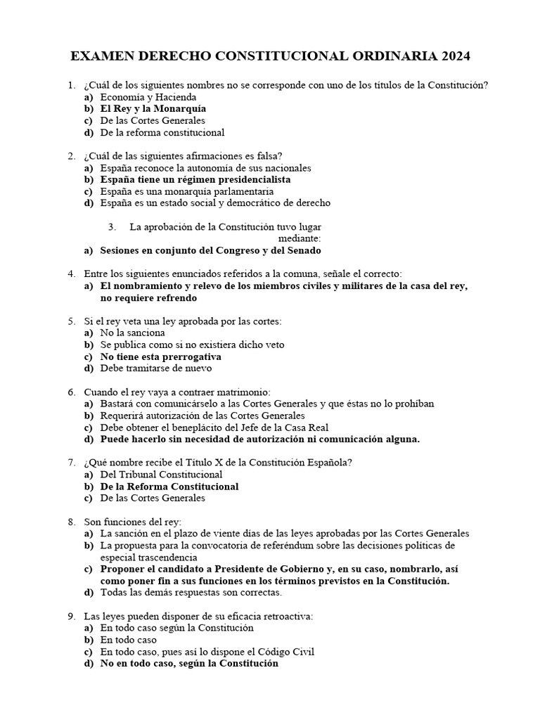 Examen Derecho Constitucional Ordinaria Enero 2024 | PDF | Constitución ...