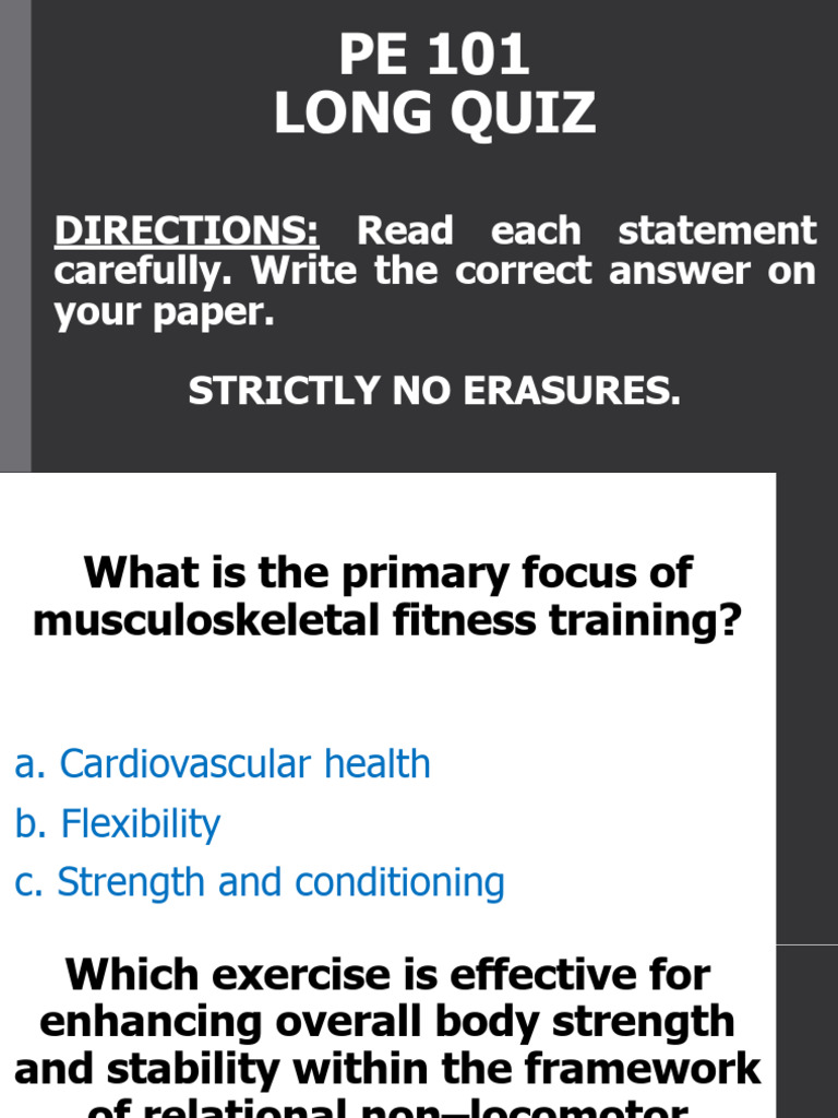 PE 101 Long Quiz: Non-Locomotor Movements | PDF | Physical Fitness ...