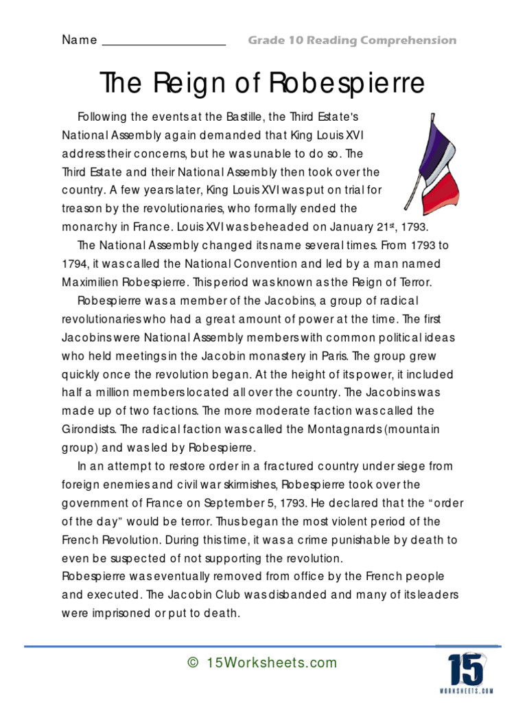 The Reign of Robespierre Grade 10 Reading Comprehension PDF