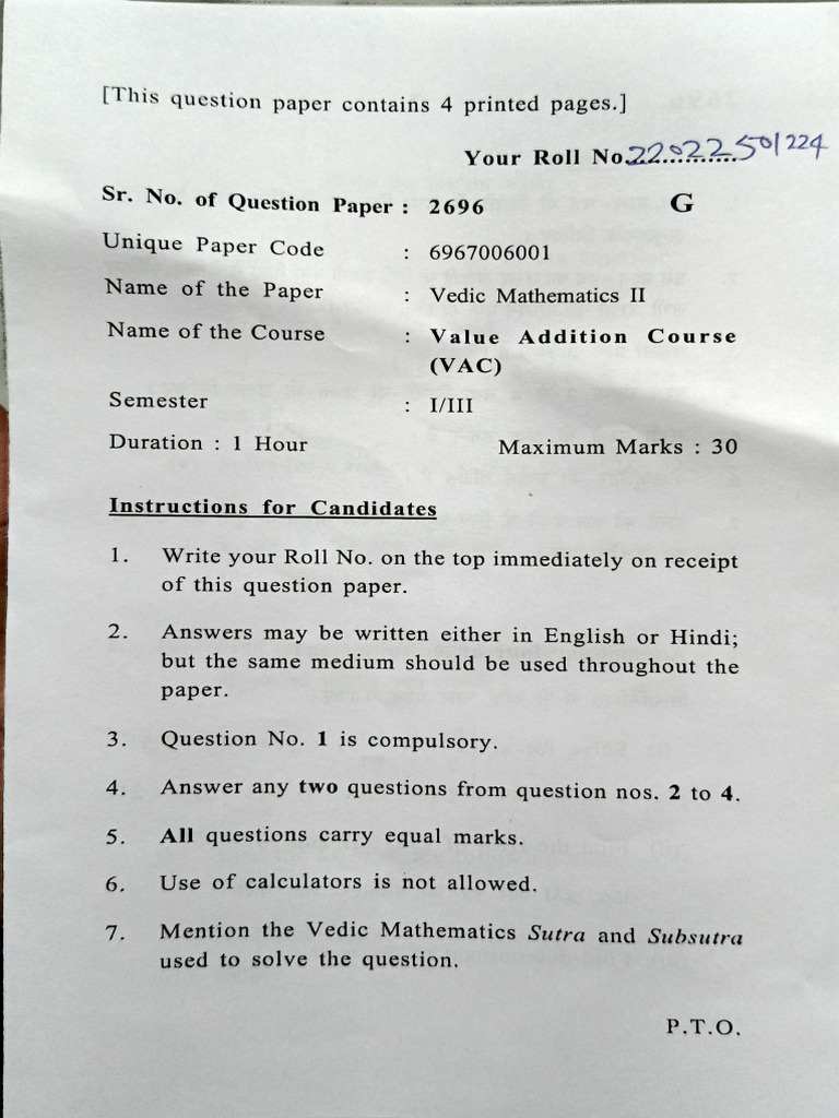 Vedic Mathematics Ii Ouestion Paper Pdf Mathematical Concepts