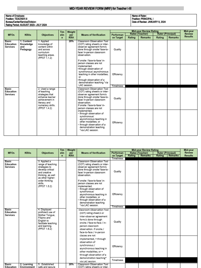 Mid Year Review Form 2023 2024 Fil Dept. Download Free PDF Learning