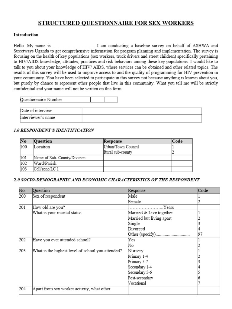 Questionnaire For Sex Workers On HIVAIDS KAP Study | PDF | Hiv/Aids ...