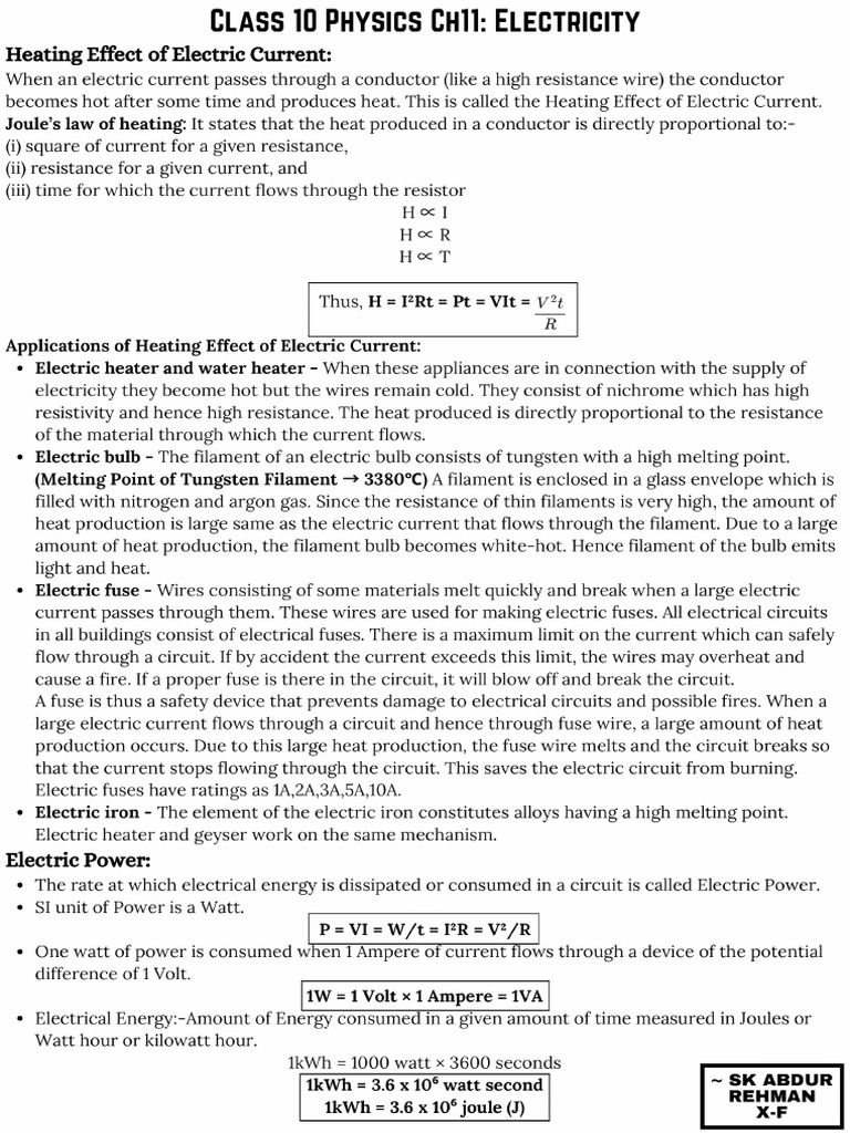 Class 10 Phy Ch11 Electricity Notes - Heating Effect and Electric Power ...