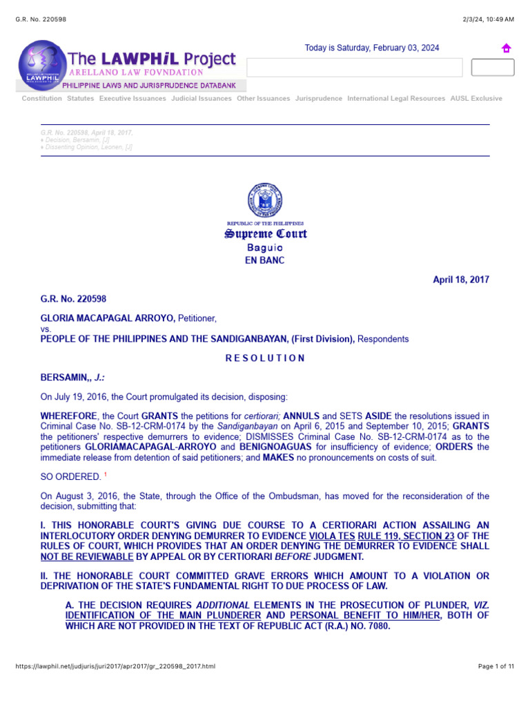 G r no 220598 gloria macapagal arroyo vs people of the philippines