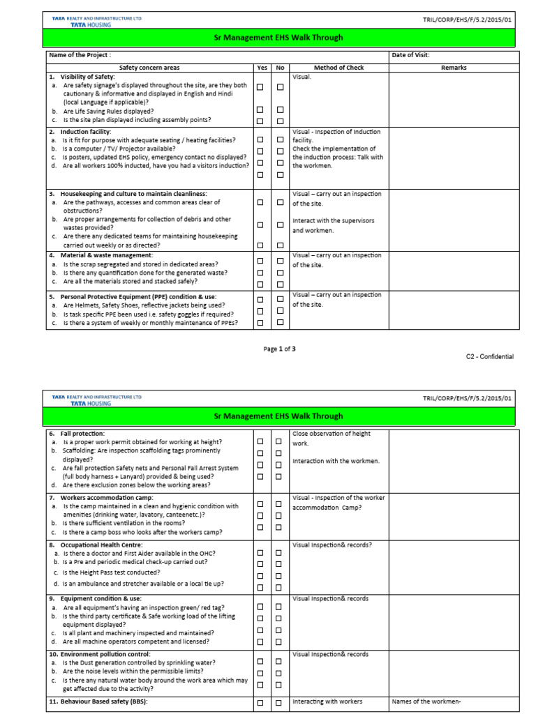 EHS Management Walkthrough Checklist | PDF | Personal Protective ...